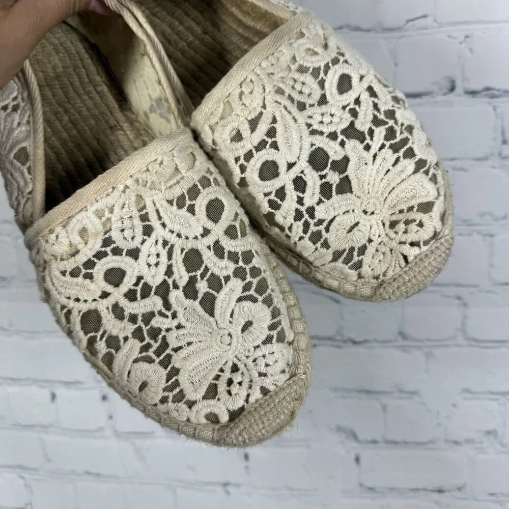 Tory Burch Crochet Lace Espadrilles Women 10.5 Ivory Boho Coastal Cottage Flats